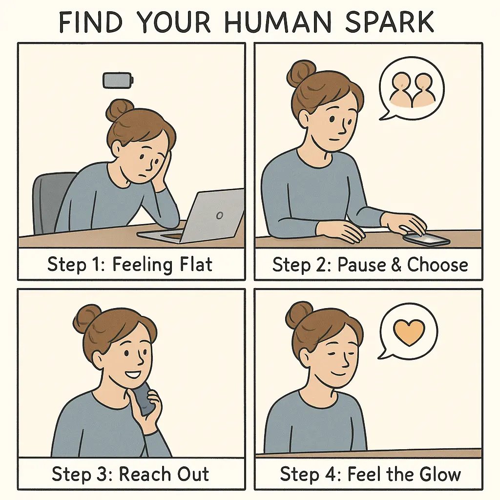 Woman choosing to call a friend instead of scrolling her phone, illustrating the power of human connection for recharging energy.