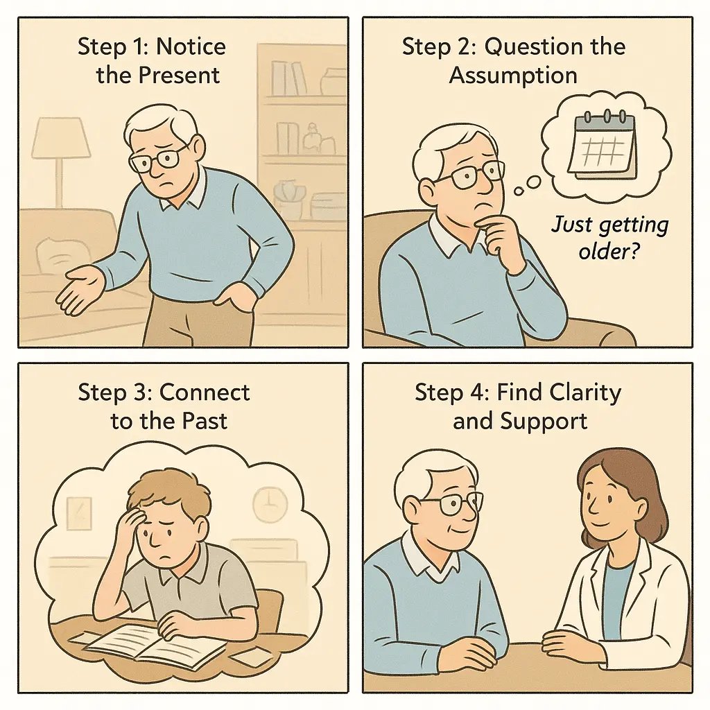 Four-panel comic showing an older man discovering his focus struggles are a lifelong neurodivergent pattern, not just aging.