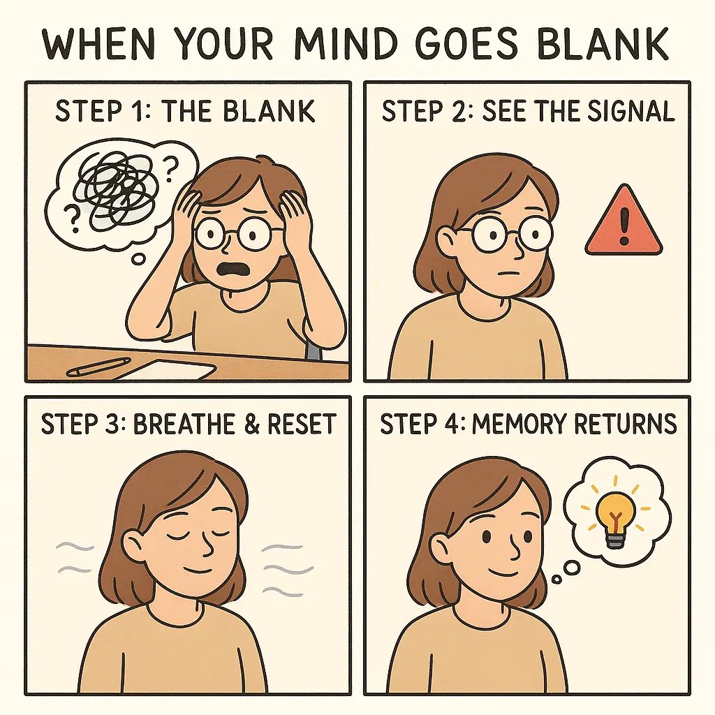 Four-panel comic showing a woman experiencing mind blank under pressure, recognising stress, breathing to reset, and successfully recalling information with confidence.