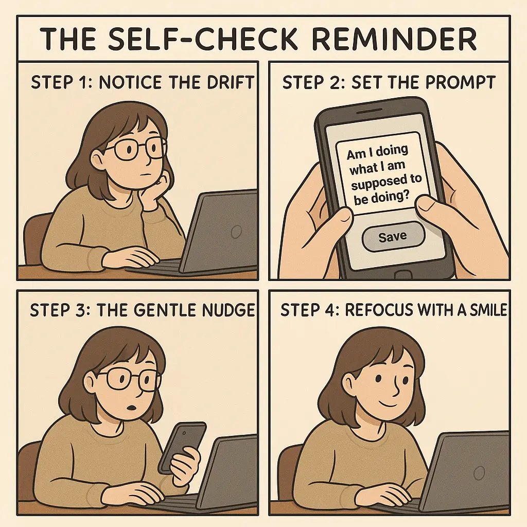 A four-panel comic showing a woman setting a phone reminder, receiving the self-check prompt, and refocusing on her work with a smile.