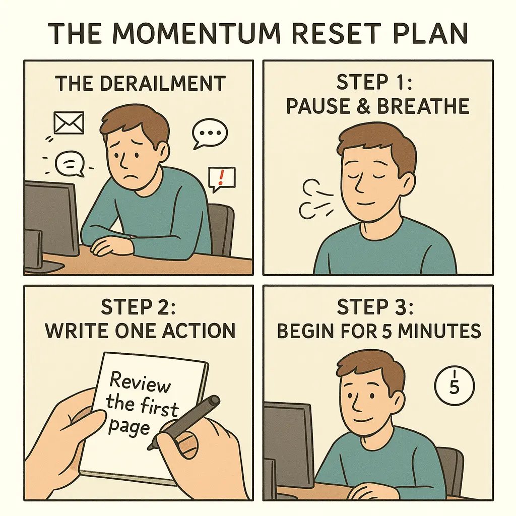 Four-panel comic showing a young man using the Momentum Reset Plan to regain focus after distractions, moving from overwhelmed to calm and productive.