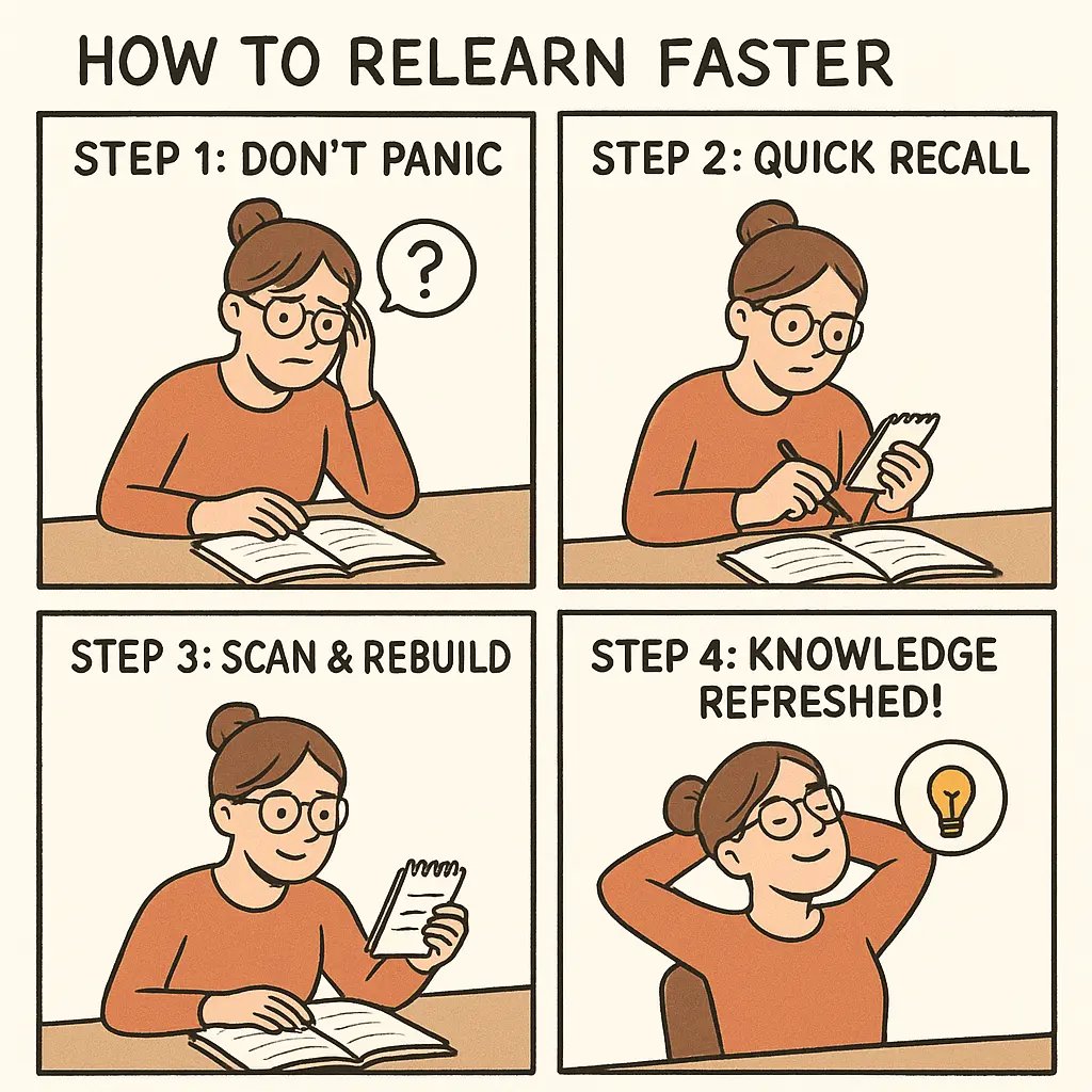 Four-panel comic strip showing a student successfully relearning forgotten material through recall, recognition, and reconstruction steps.