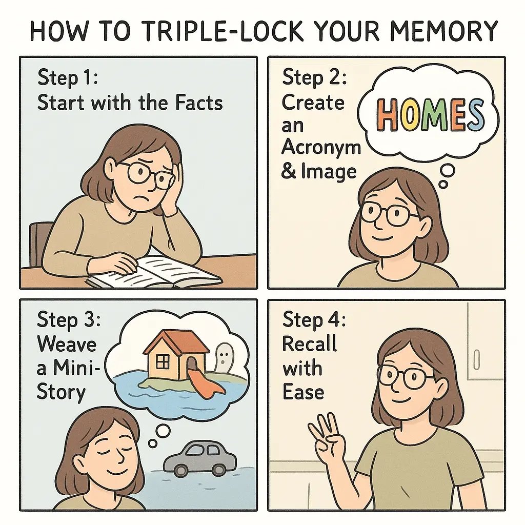 Student transforming from frustrated to confident using a three-part memory technique with visual aids and mental strategies