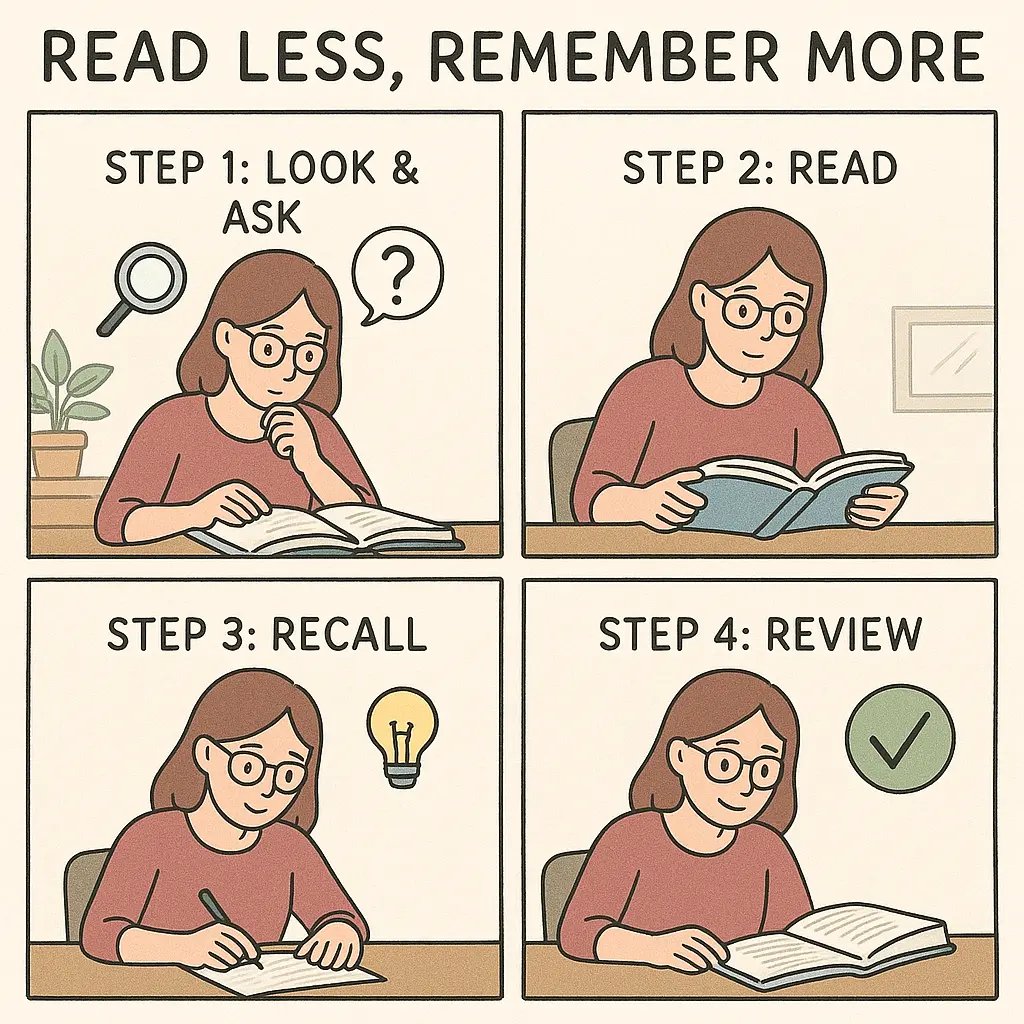 Four-panel comic showing a student using a smart reading routine with steps for looking, asking, reading, recalling and reviewing study material