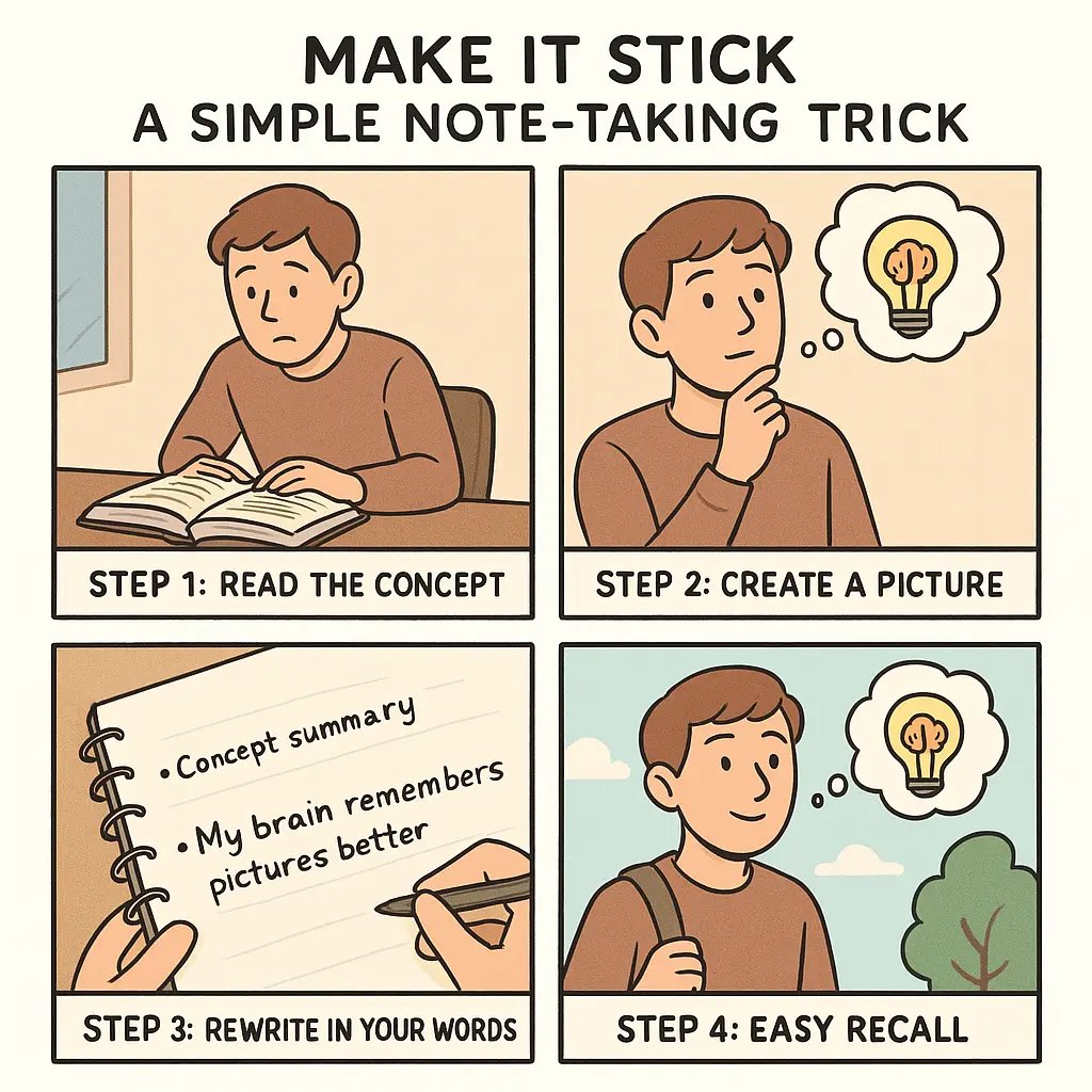 Four-panel comic showing a student transforming dense text into simple doodles and personal notes for easy recall