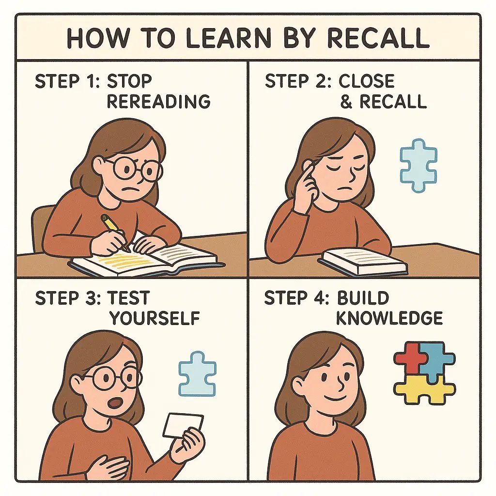 Four-panel comic showing a student learning active recall: from highlighting text, to closing the book, testing with cards, and finally building solid understanding.