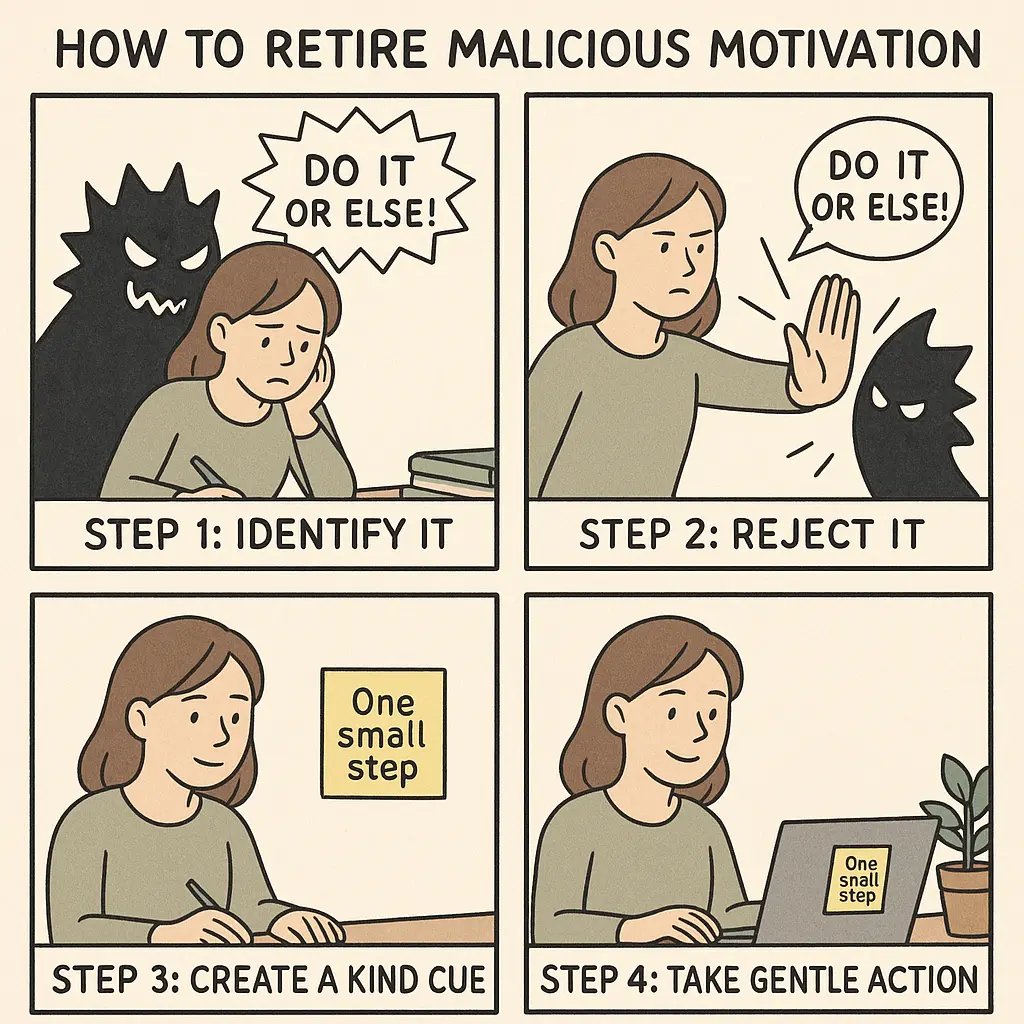 A woman replacing her harsh inner critic with a kind sticky note prompt, moving from stress to calm productivity