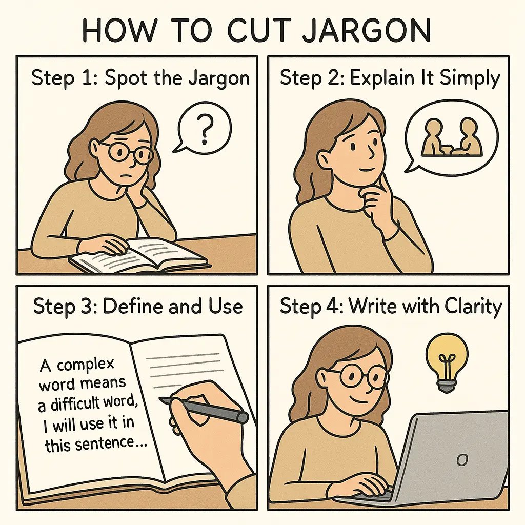 Four-panel comic showing a student transforming from jargon confusion to writing clarity through simple steps