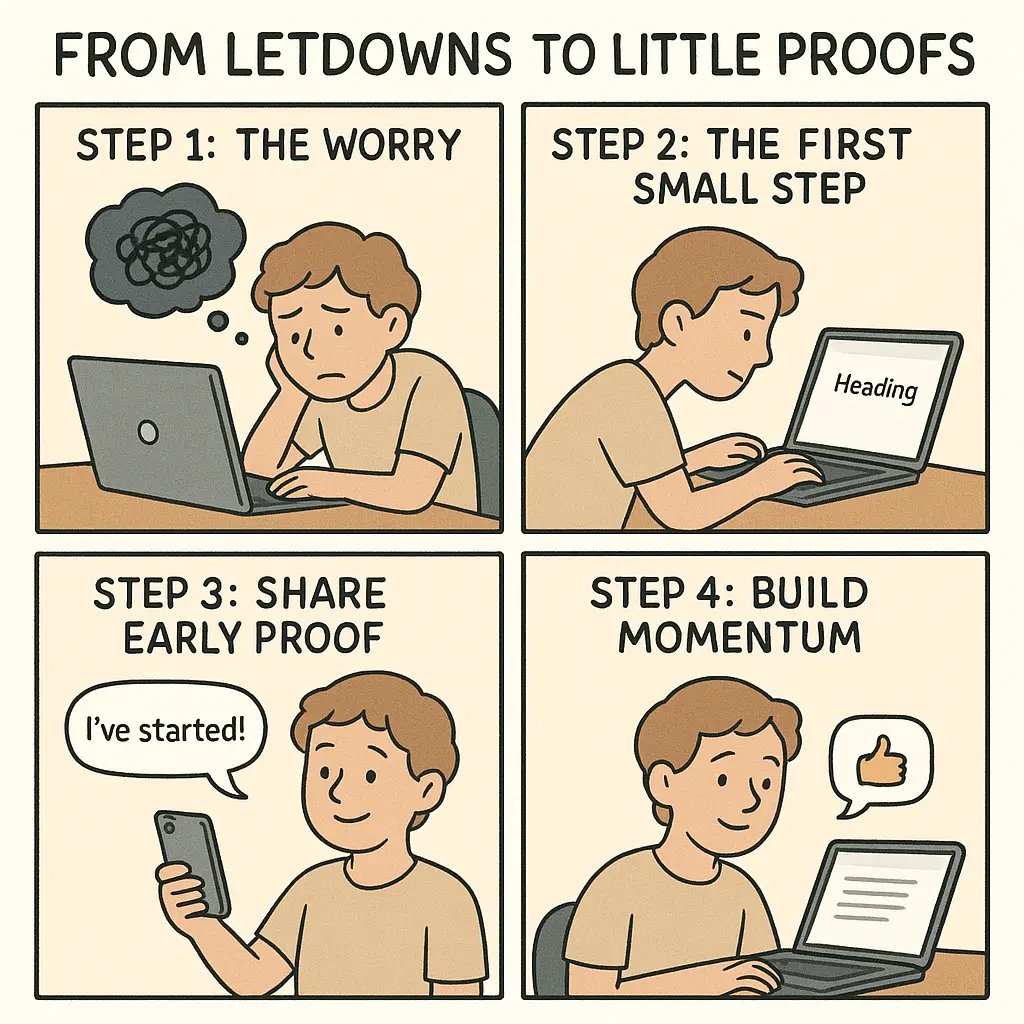 Four-panel comic showing a journey from overwhelm to confidence through sharing early proof of progress