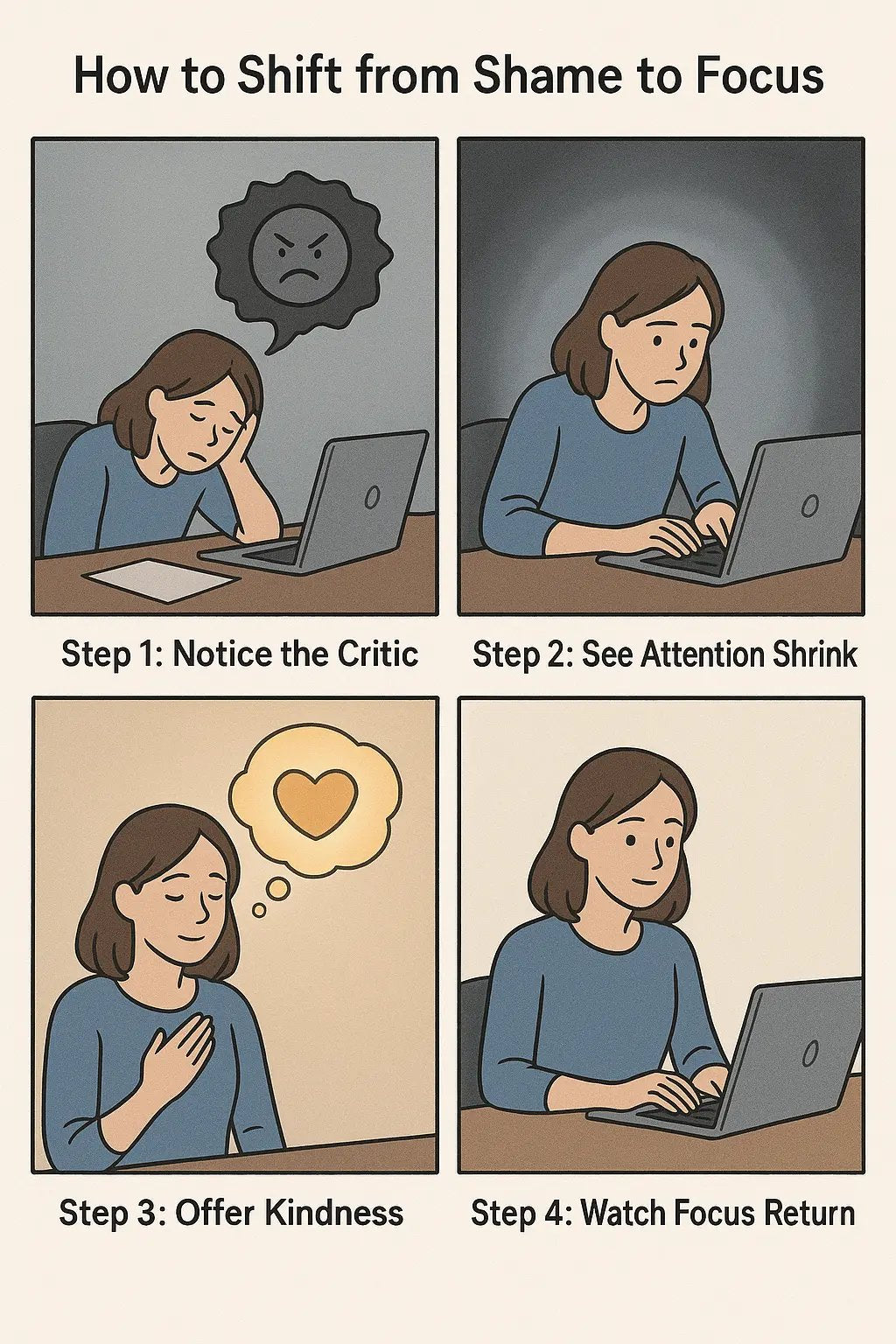 Four-panel comic showing a person transforming from overwhelmed by an inner critic to calm and focused through self-compassion.