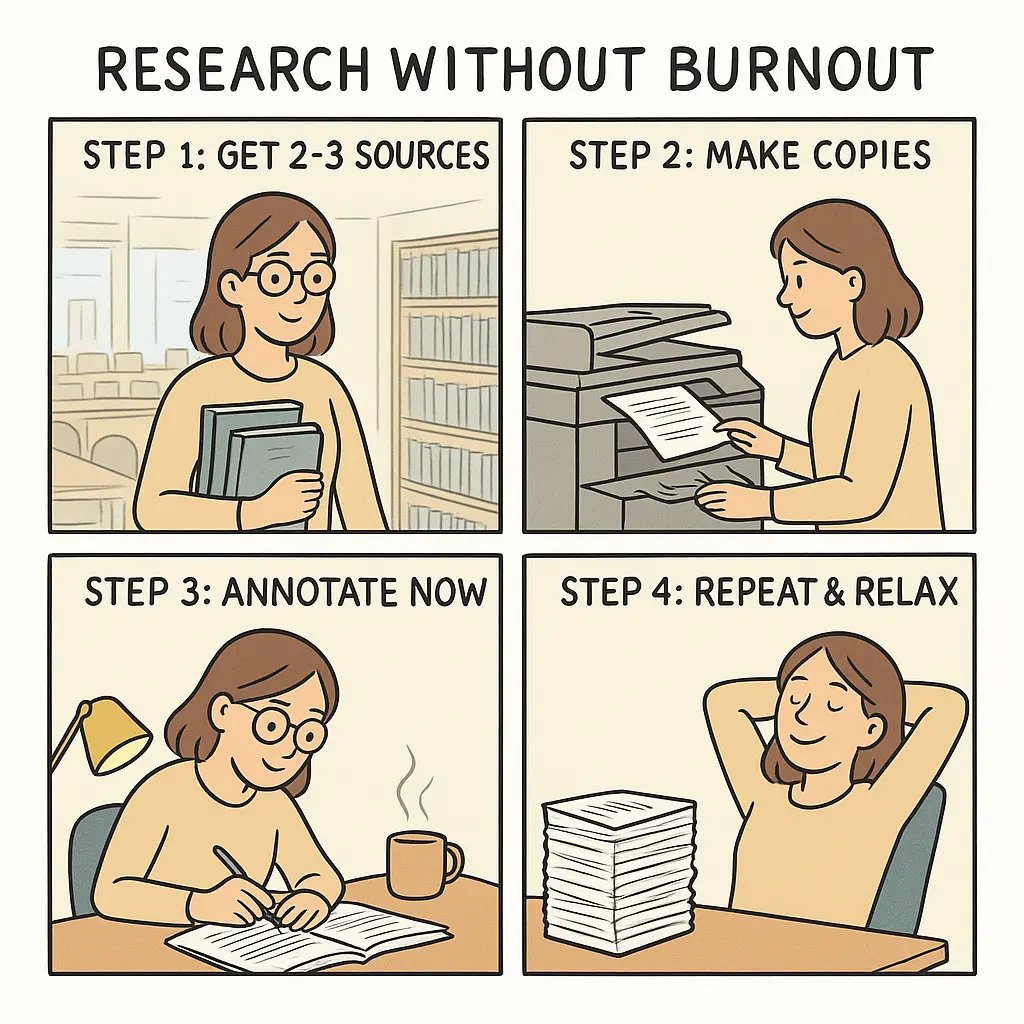 Student at library desk with neat stack of annotated papers, looking satisfied and accomplished after using the 2-3 source research method