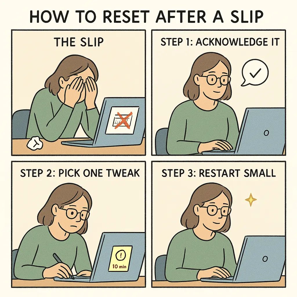 Four-panel comic strip showing a woman at her desk transforming from overwhelmed by a mistake to calmly restarting her work with a simple reset process.