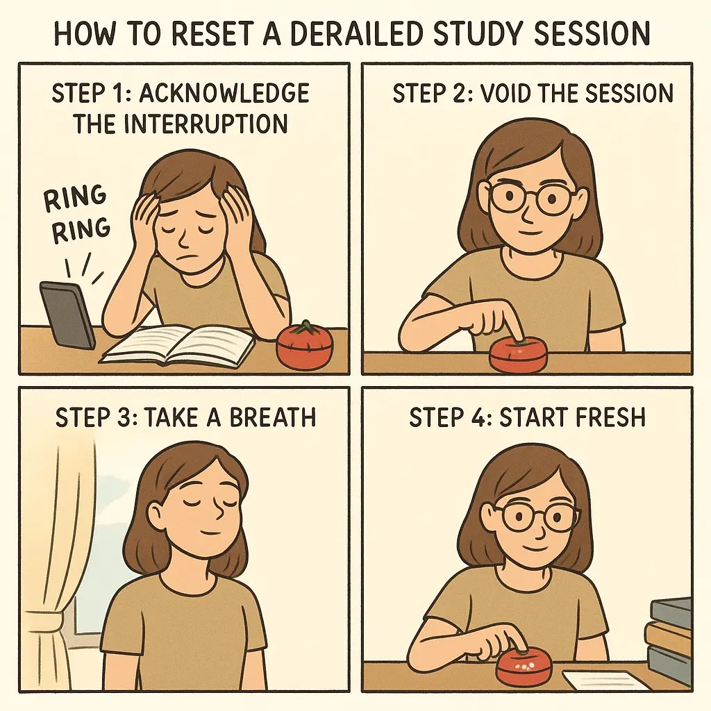 Four-panel comic showing a student calmly resetting after a study interruption, moving from frustration to focused optimism.