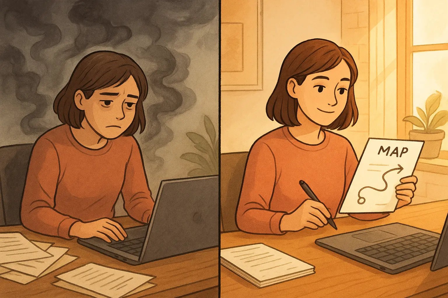 Split-panel showing a woman's transformation from overwhelmed at a messy desk to calm and focused with a clear worksheet as her guide