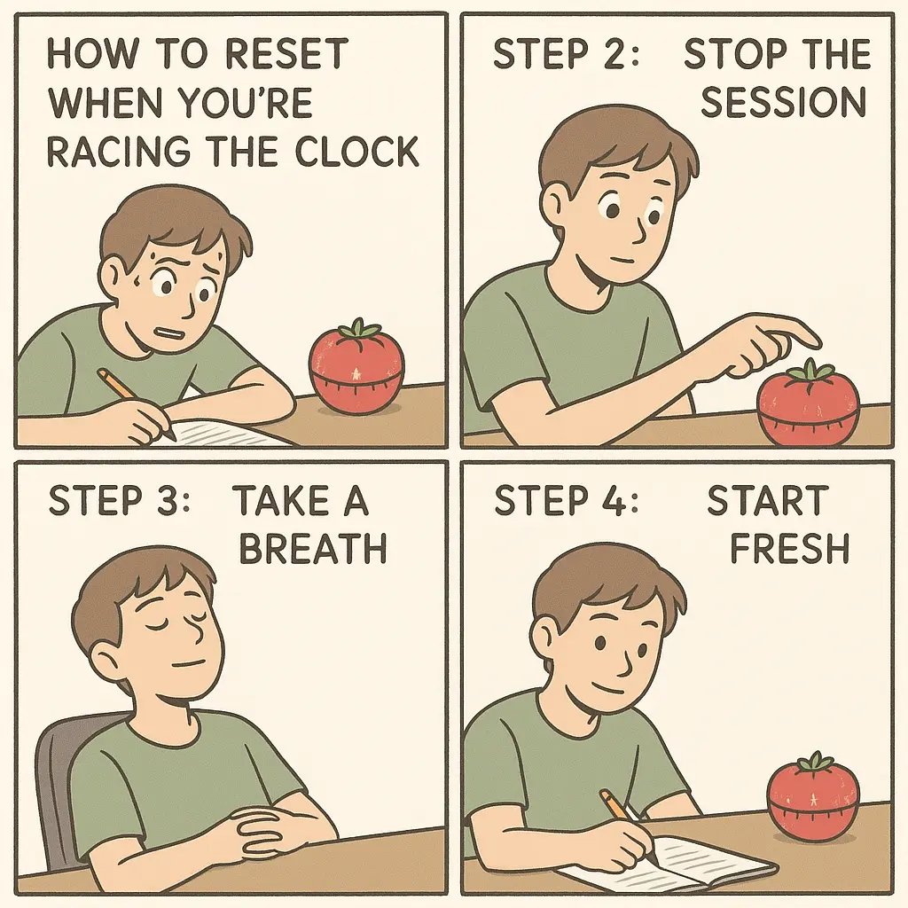 Four-panel comic showing a student transforming from stressed timer-watching to calm, focused work through a simple reset process.