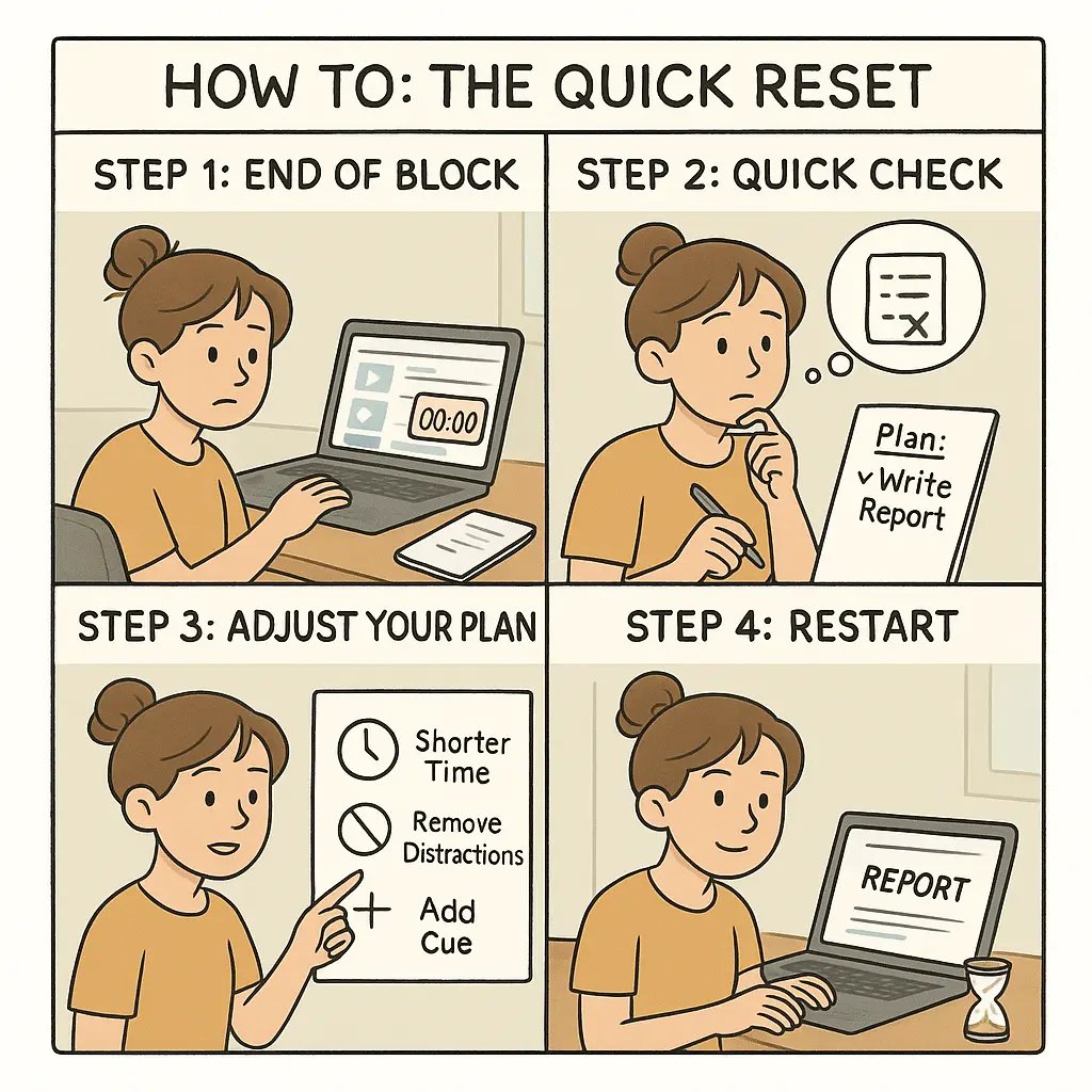 A four-panel comic showing a woman at her desk completing a focus reset: checking progress, identifying the problem, choosing a solution, and restarting work.
