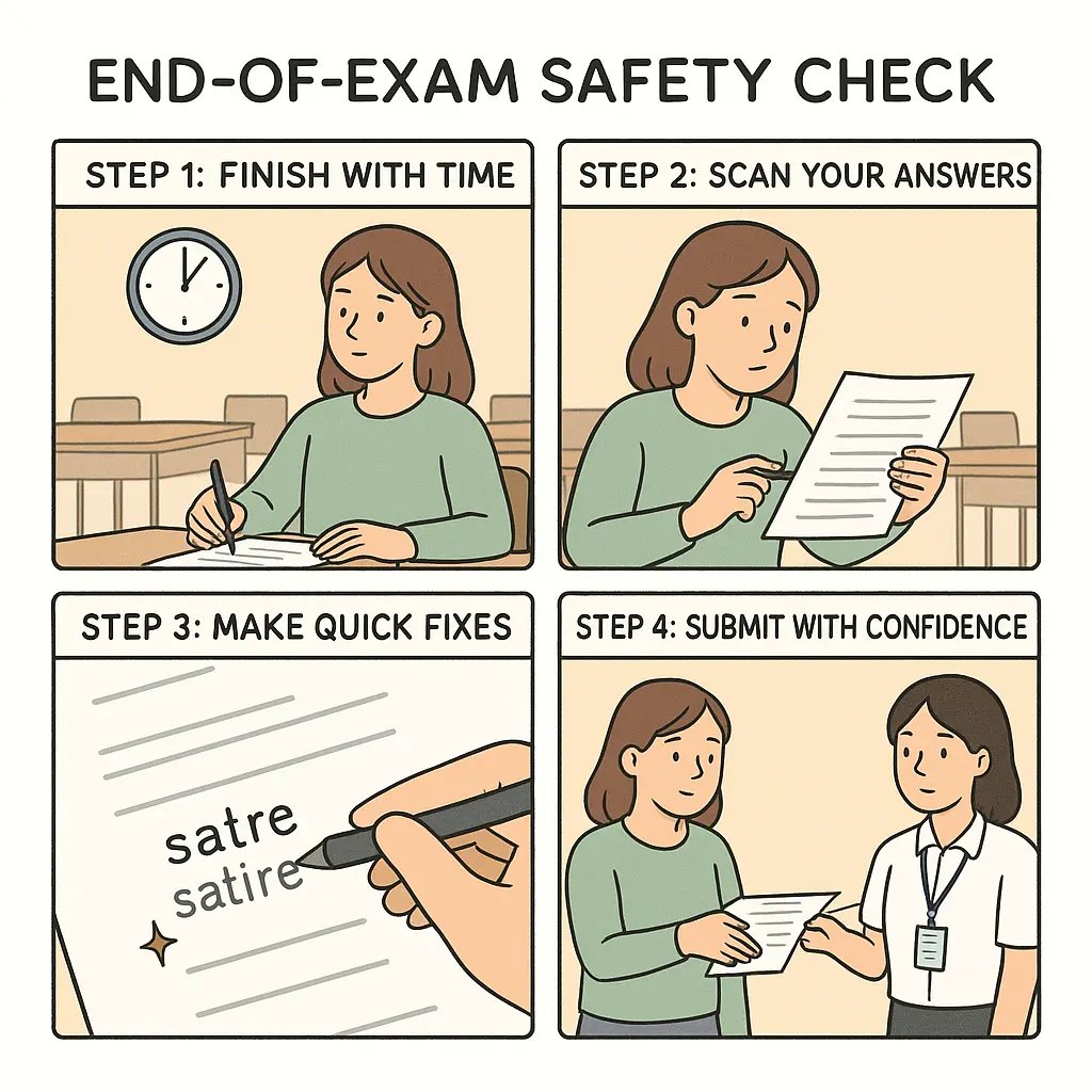 Four-panel comic showing a student finishing an exam early, scanning answers, making corrections, and submitting confidently