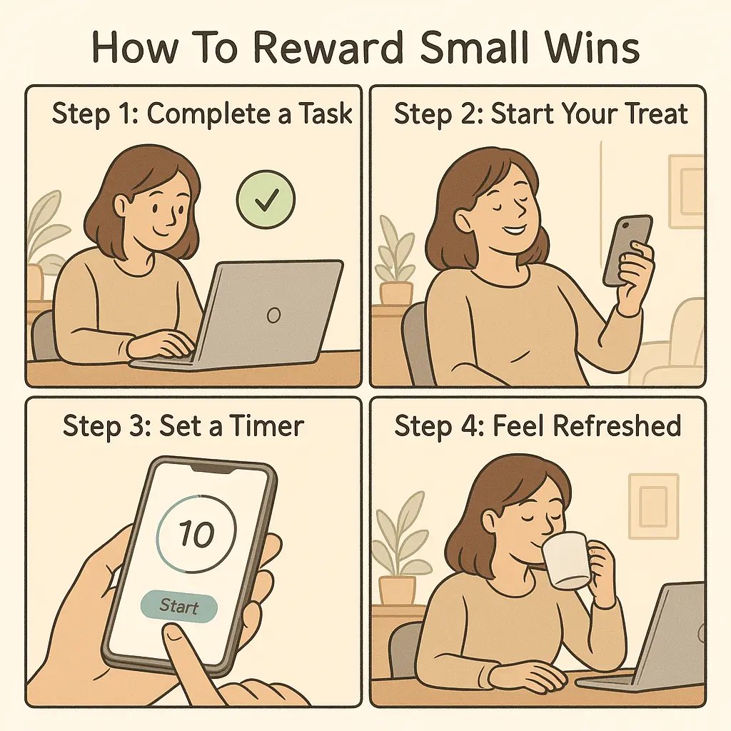 Four-panel comic showing a woman completing tasks, enjoying a timed break, and returning to work refreshed with renewed motivation.