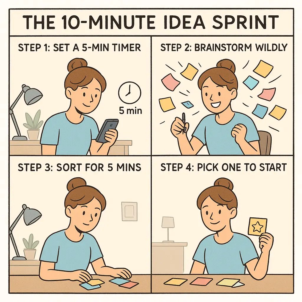 Woman confidently holding a starred sticky note after completing a 10-minute idea sprint in her home office