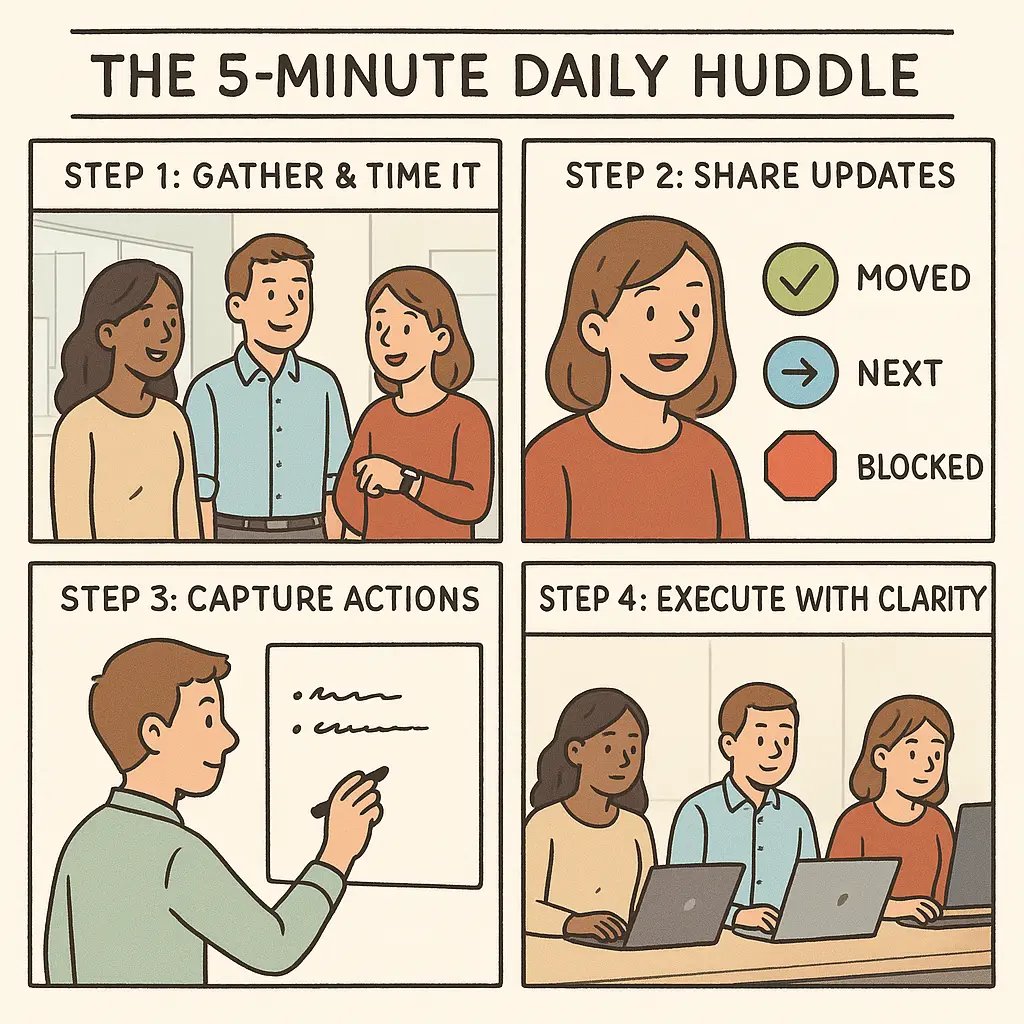Four-panel comic showing a diverse team running an effective 5-minute daily huddle with clear steps and focused execution