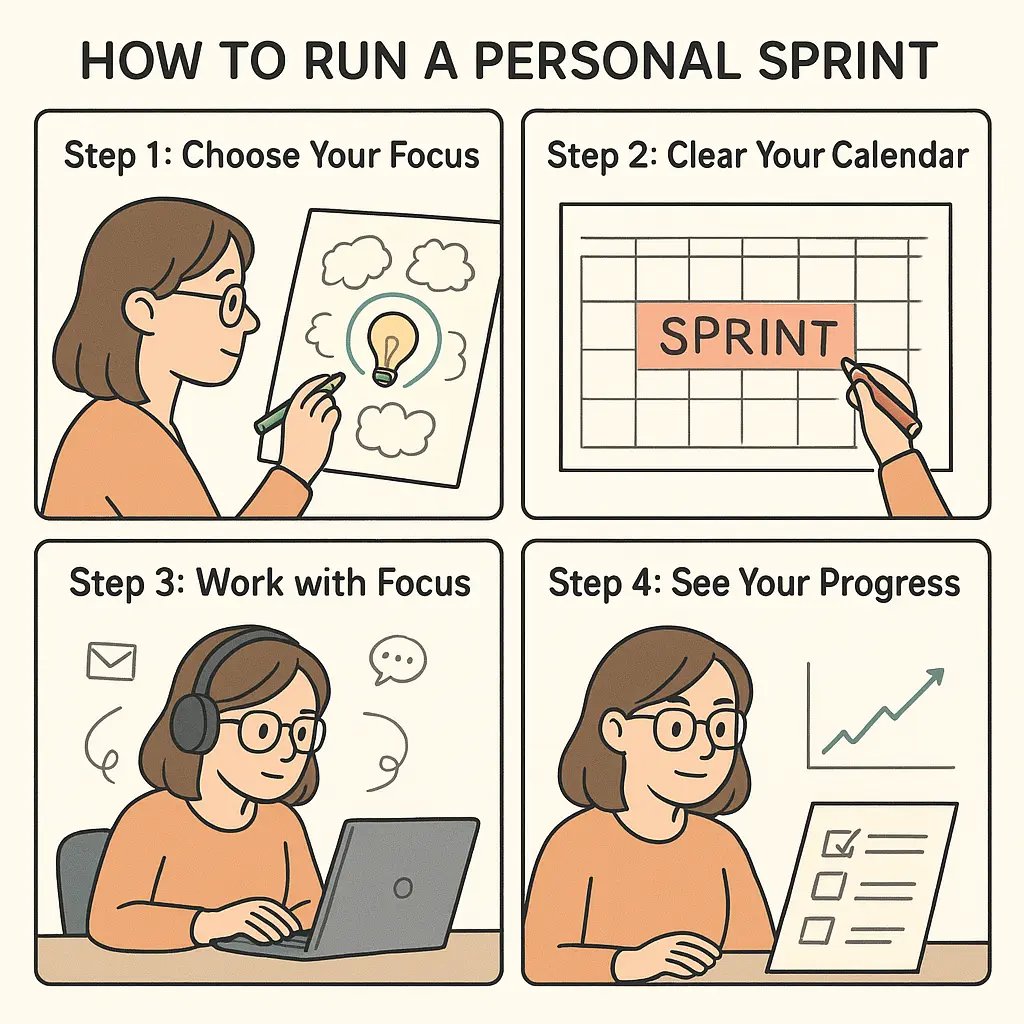 Four-panel comic showing a woman running a personal sprint: choosing focus, clearing calendar, working without distractions, and celebrating progress