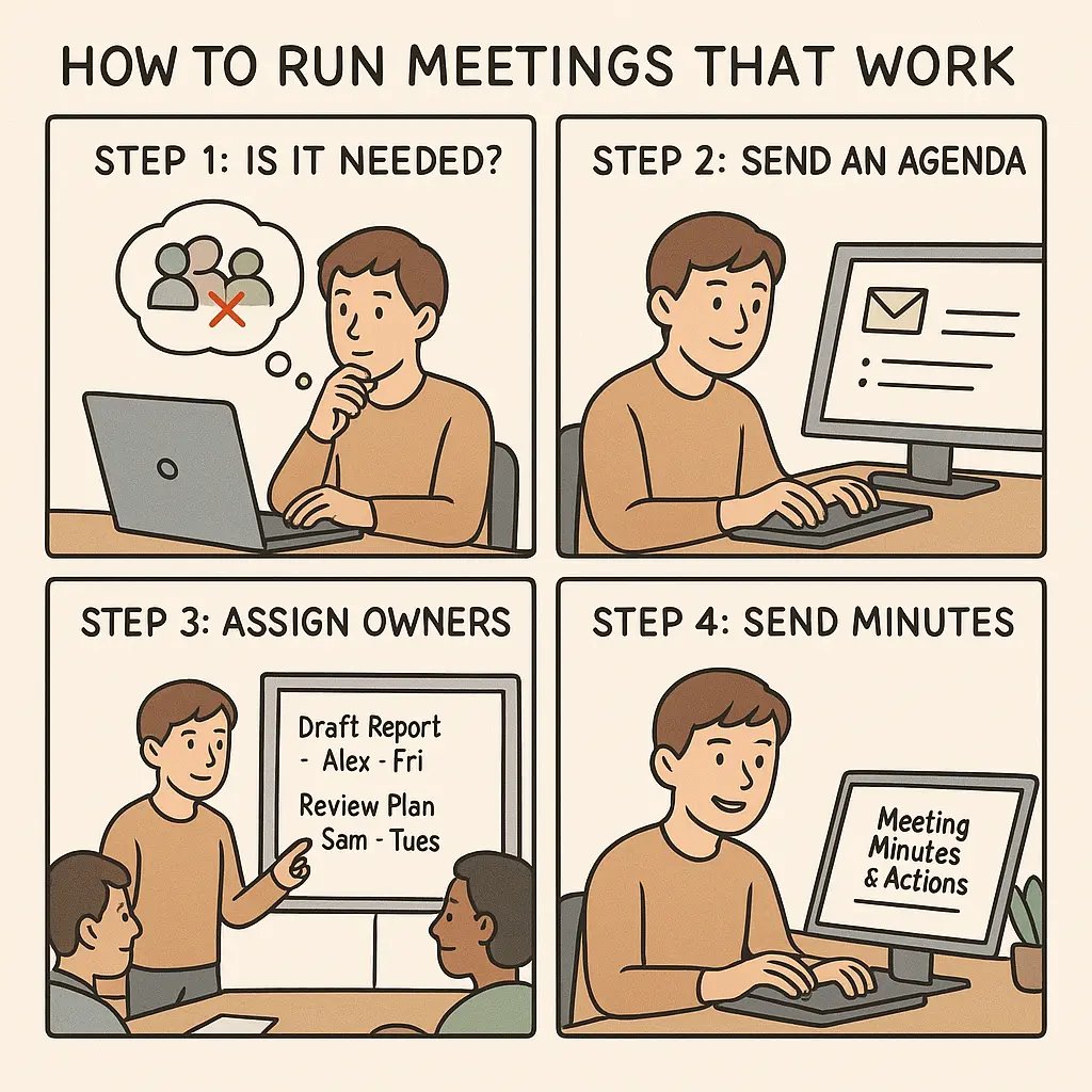 Four-panel comic showing steps to run effective meetings: deciding if needed, sending agenda, assigning tasks with owners, and sending minutes