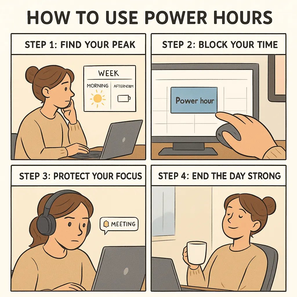 A woman at her desk using a calendar to block peak energy hours for focused work, protecting her productivity time