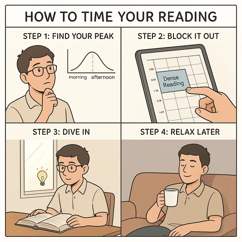 Four-panel comic showing a student scheduling heavy reading during morning peak energy, completing it successfully, and relaxing later