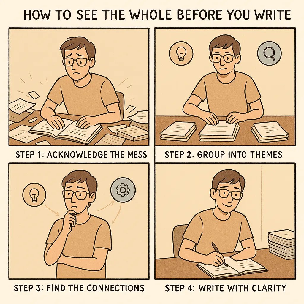 Comic strip showing a student transforming from overwhelmed by scattered notes to confidently writing with organised themes and clear connections