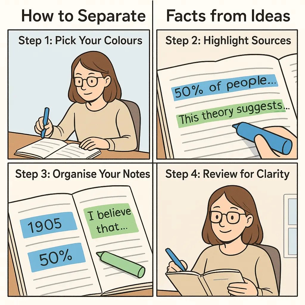 Four-panel comic showing a student using two colours to organise notes, from creating a colour key to reviewing organised notes with clarity.