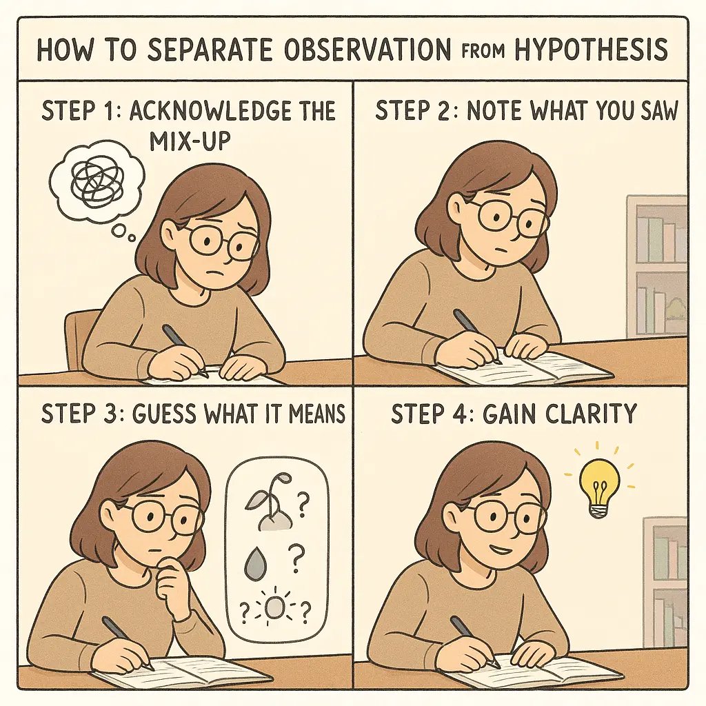 A student using a two-column notebook to separate observations from hypotheses, moving from confusion to clarity
