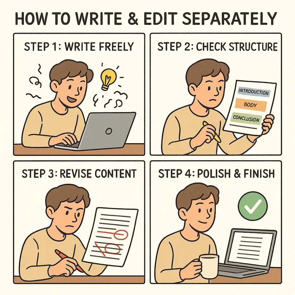 Four-panel comic showing a student's writing process from free writing to checking structure, revising content, and polishing the final essay
