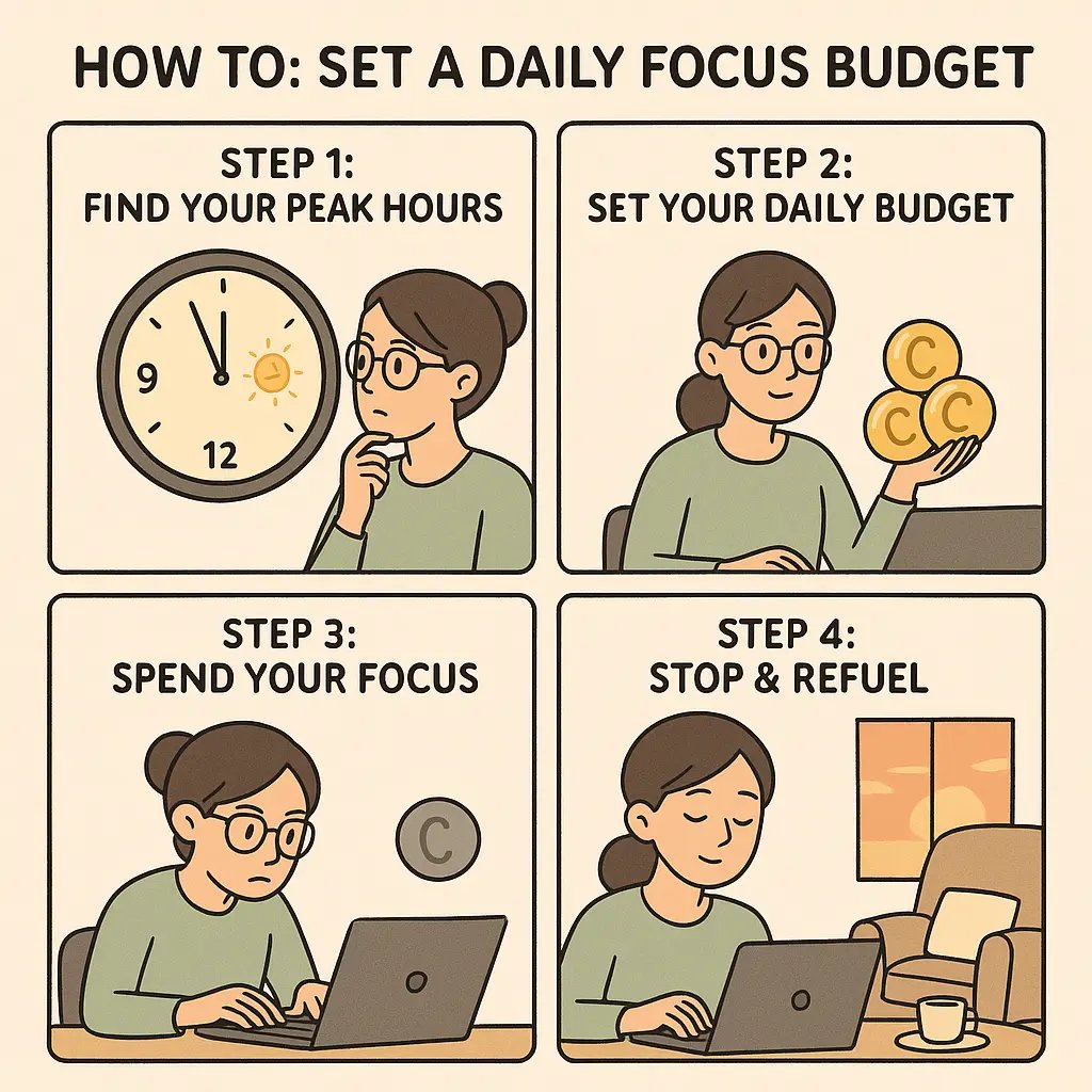 A woman closing her laptop with a peaceful expression as the sun sets, having completed her daily focus budget.