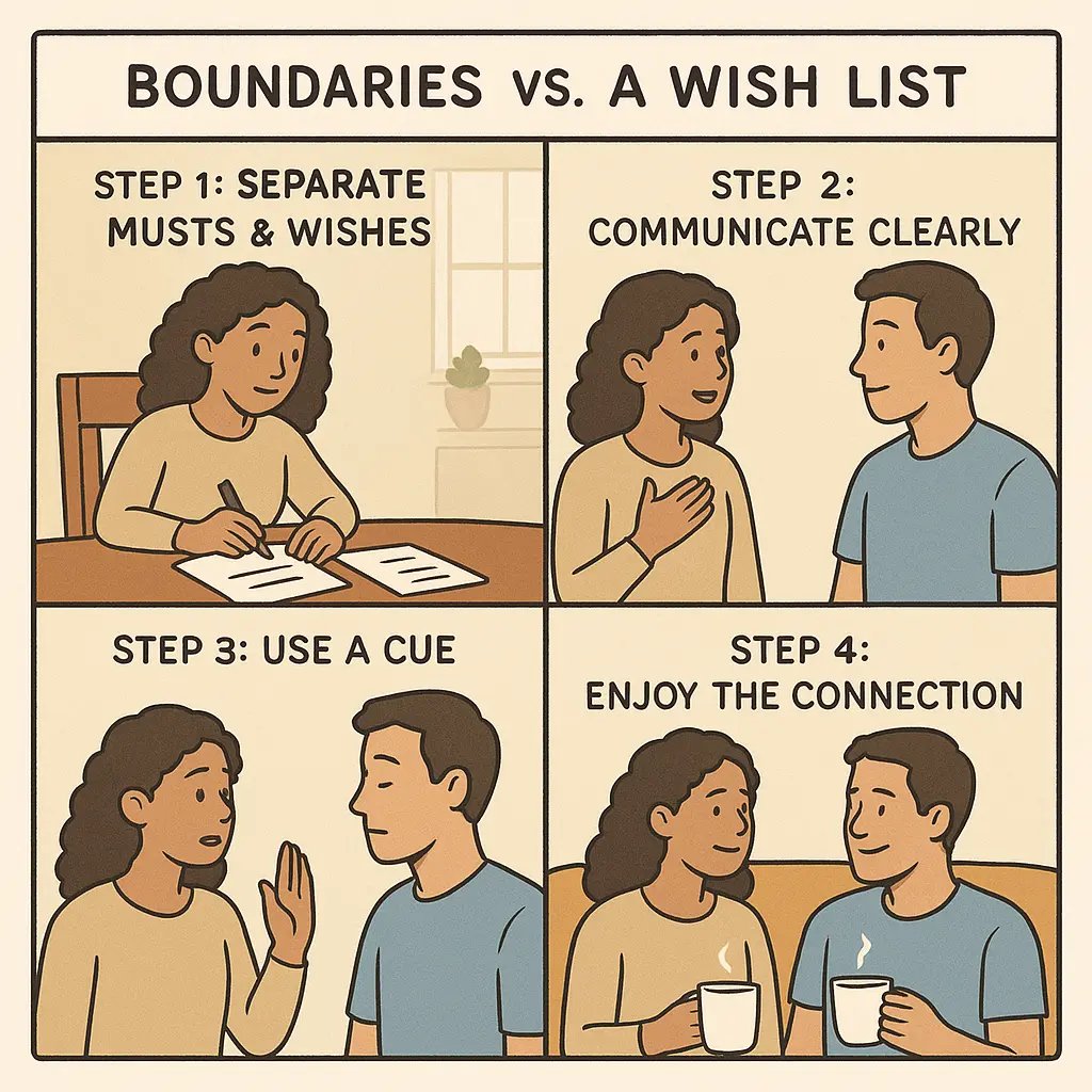 Four-panel comic showing a couple learning to separate relationship boundaries from wishes through clear communication and pause signals