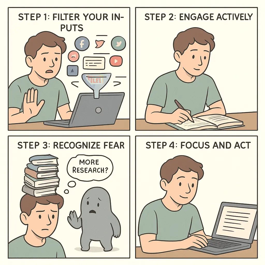 Four-panel comic showing a student learning to filter information, engage with useful material, dismiss fear, and work with focused clarity