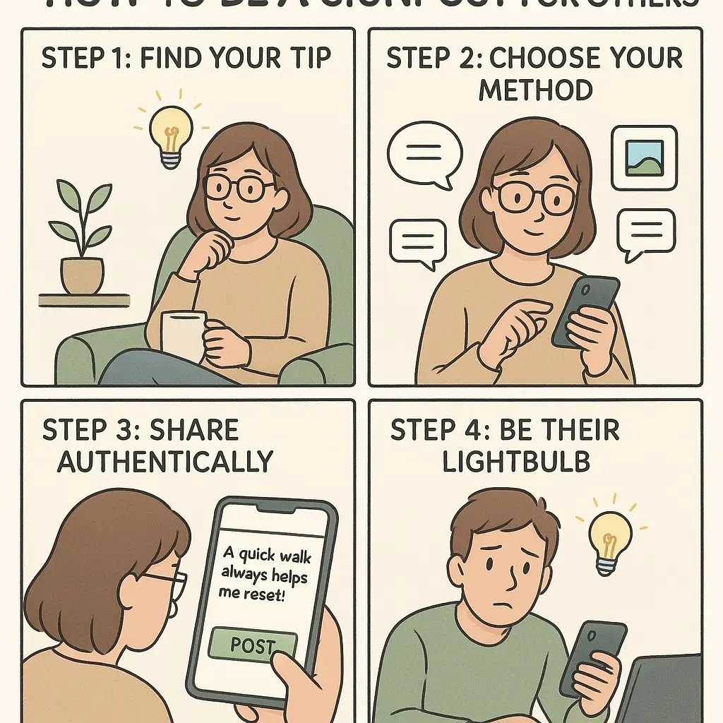 Four-panel comic showing a woman discovering, choosing to share, posting, and positively impacting someone with a neurodivergent tip