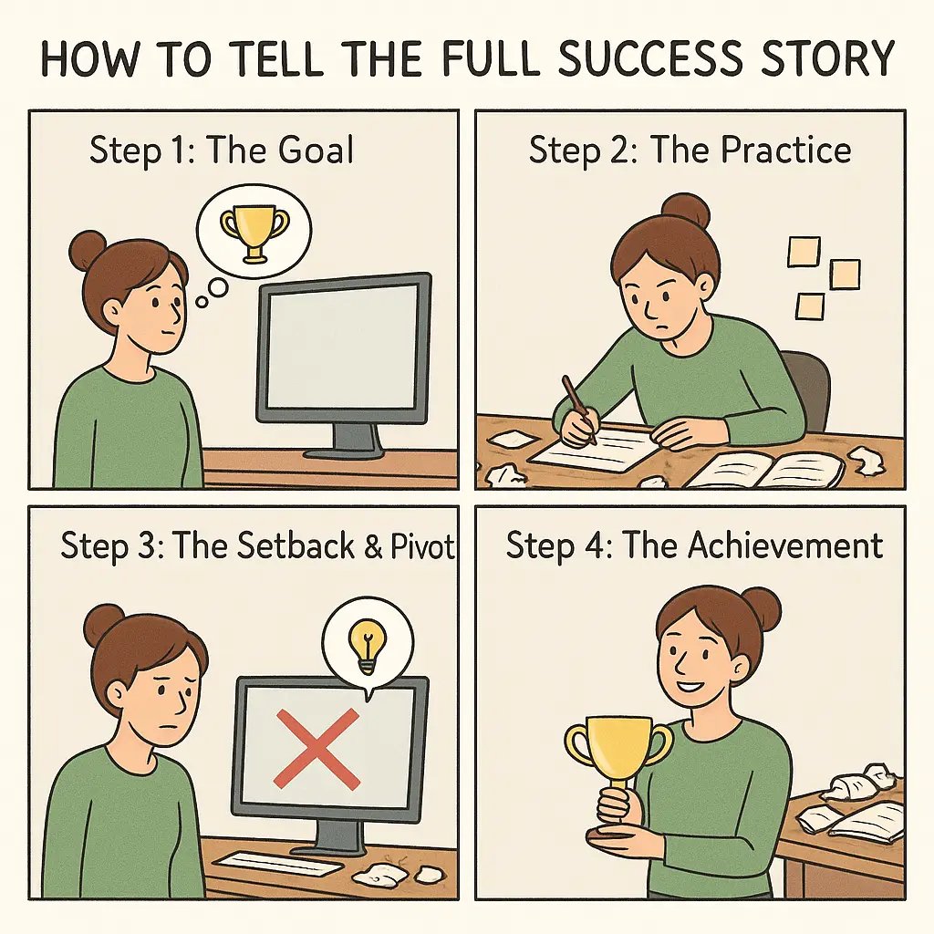 Four-panel comic showing a woman's journey from setting a goal to achieving it, including the messy practice and setbacks in between