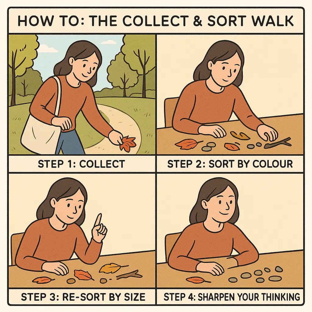 A young woman sorting collected natural items like leaves and pebbles by colour and size at a wooden desk, practising observation skills.