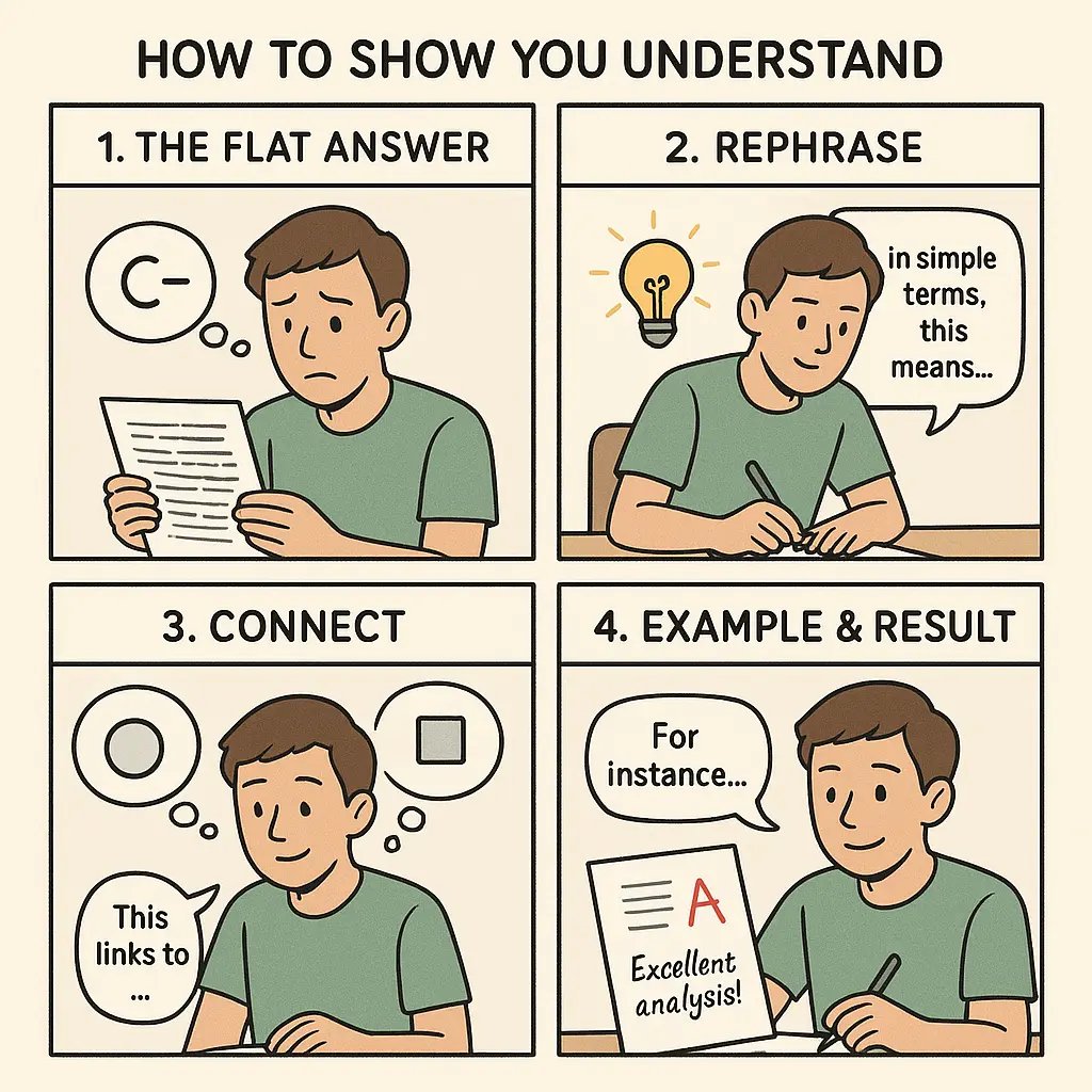 Student transforming exam answer from flat facts to connected analysis with examples, earning higher marks