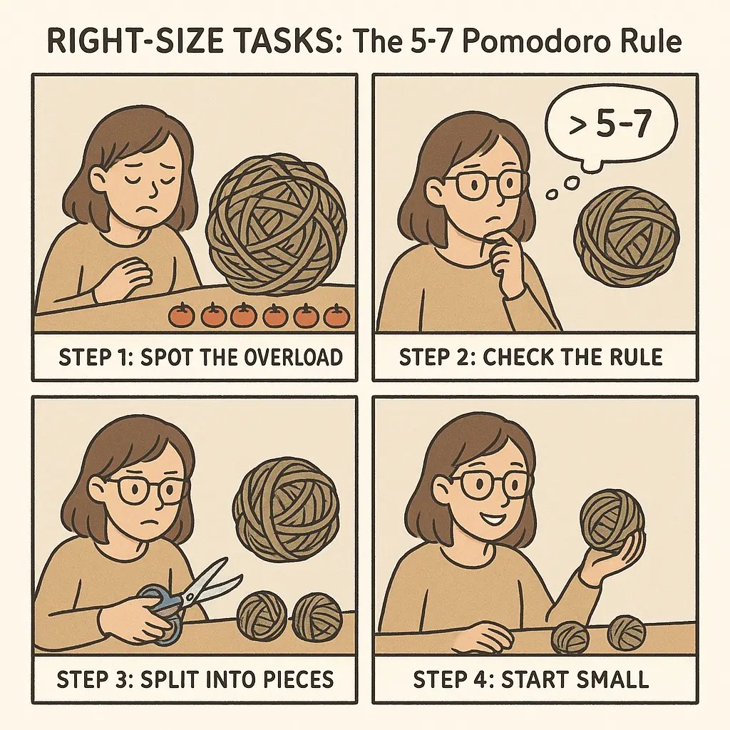 A four-panel comic showing a student transforming a tangled ball of yarn into neat, manageable pieces using the 5-7 Pomodoro rule.