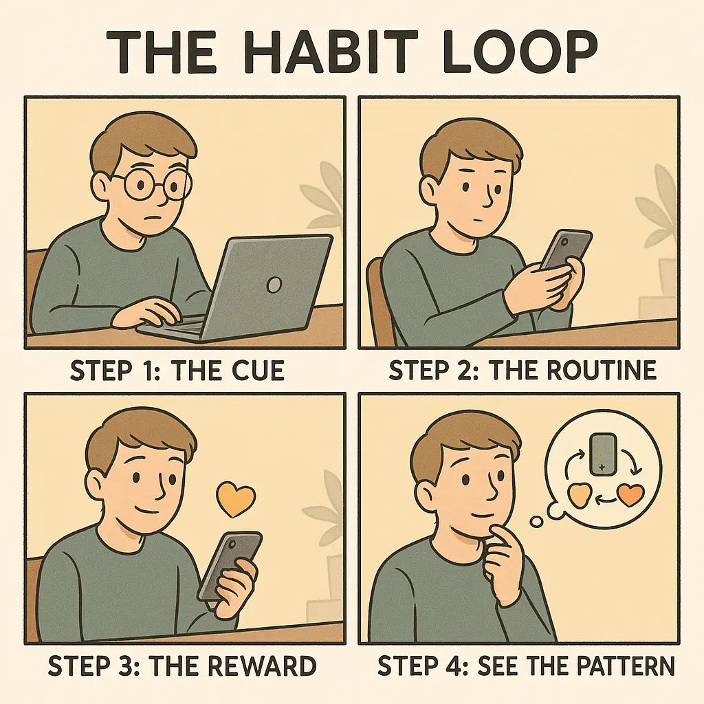 Four-panel comic strip showing a person at a desk being distracted by phone notifications, illustrating the habit loop of cue, routine, reward, and pattern recognition.