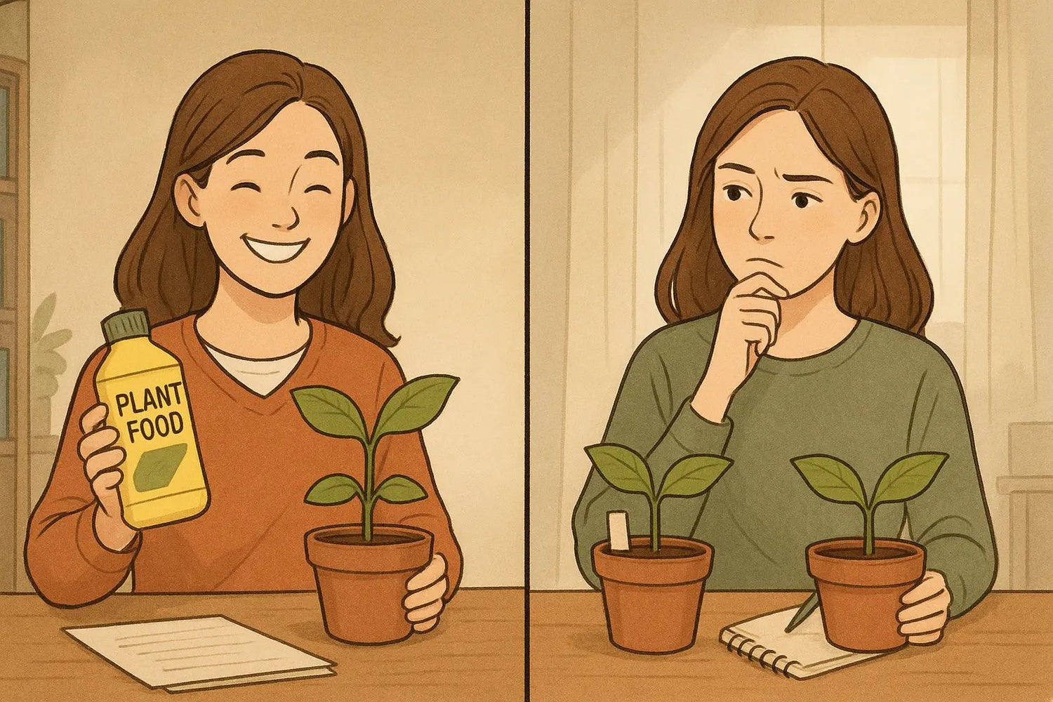 A student compares two identical plants side by side, one treated and one untreated, experiencing a moment of insight about proper evidence evaluation.