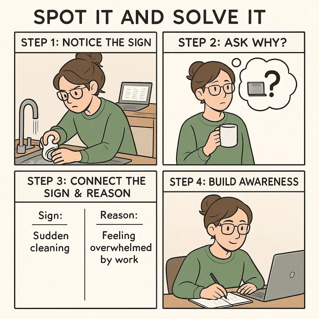 A woman journaling procrastination signs and reasons at her desk, building self-awareness to overcome avoidance.