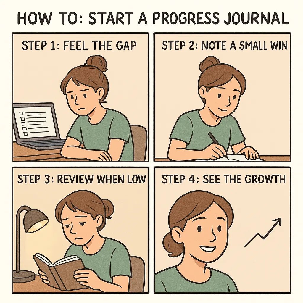 Four-panel comic showing a woman learning to track small wins in a progress journal, moving from overwhelm to encouragement.
