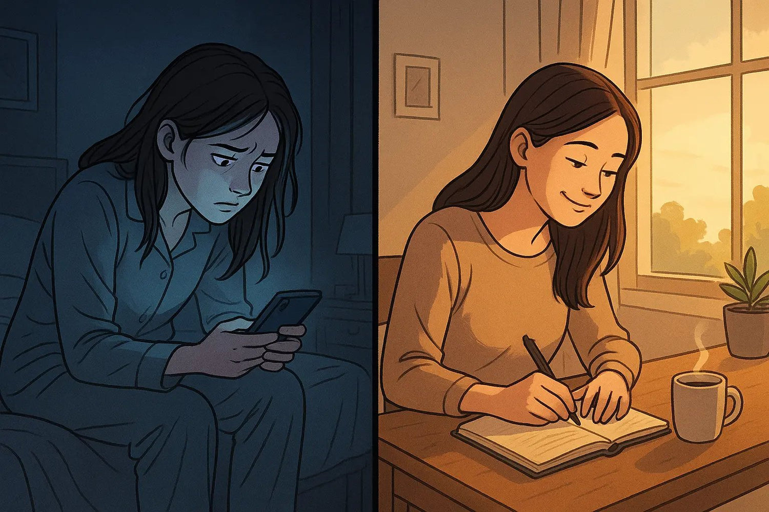 A woman transforms her morning from scrolling on her phone in a dim room to writing peacefully in a sunlit space.
