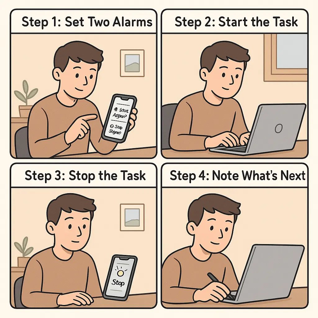 Four-panel comic showing a young man using the Two-Alarm Method: setting start and stop alarms, working focused, stopping on cue, and noting next steps.