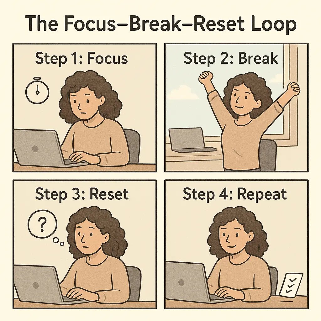 Four-panel comic showing a woman using the Focus-Break-Reset Loop: working at her desk, taking a break by a window, resetting with a question, and repeating the cycle successfully.