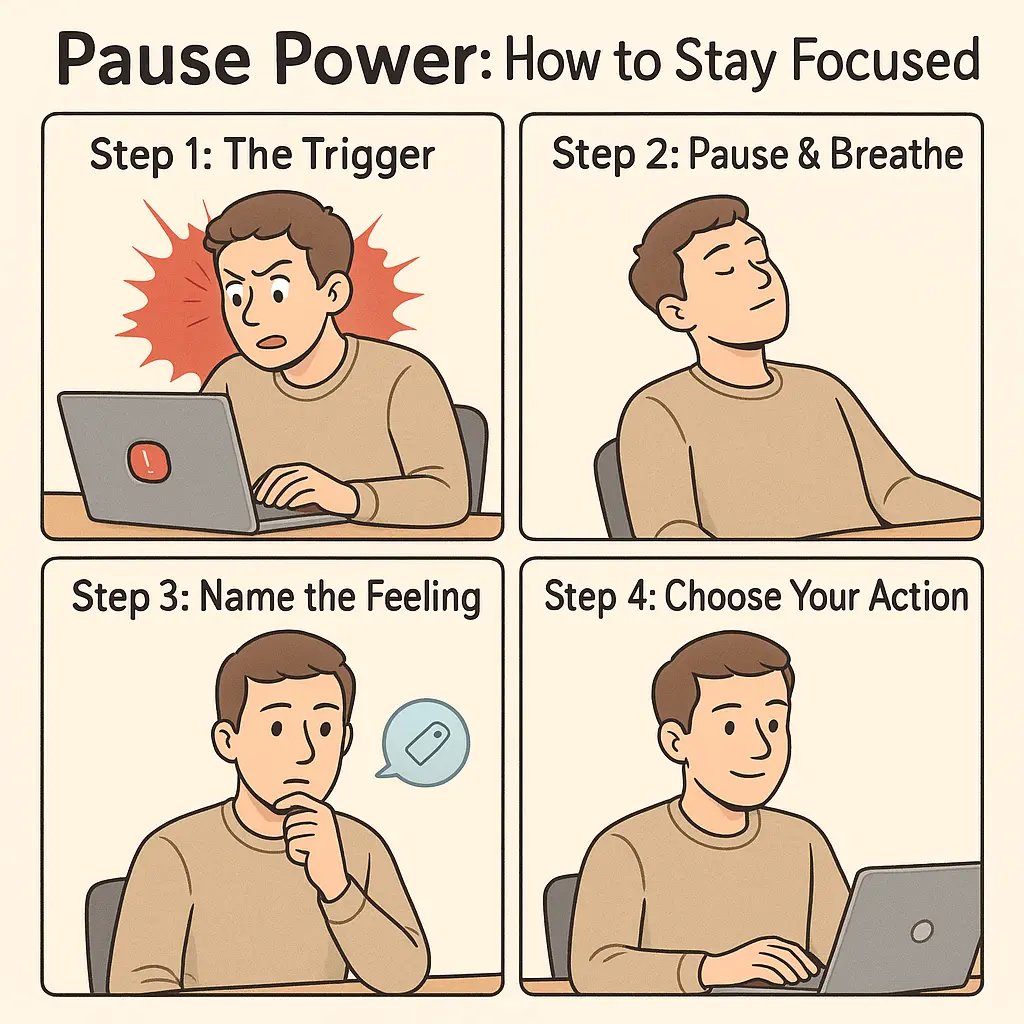 Four-panel comic showing a young man learning to manage his reaction to a stressful email through pause, breath, and calm response.