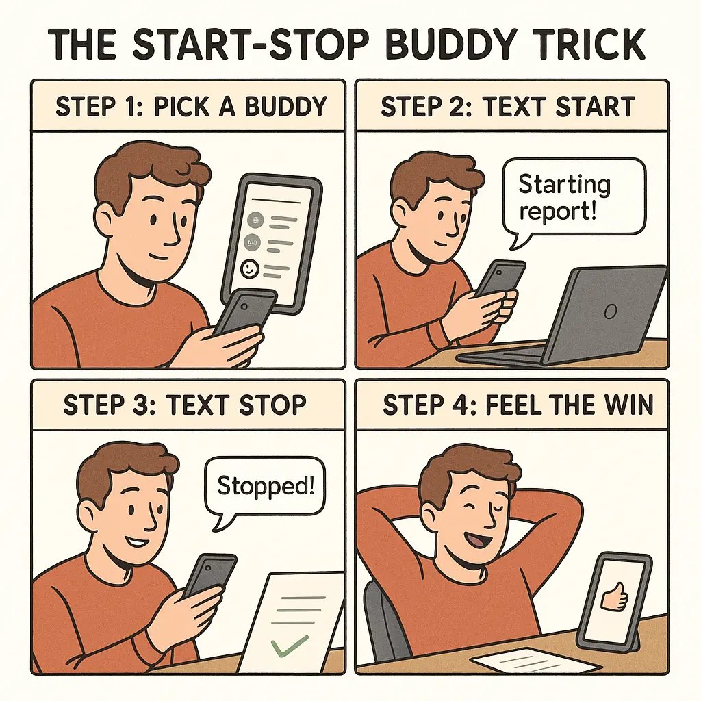 Four-panel comic showing a young man using the start-stop buddy technique: choosing a contact, texting 'start', texting 'stop', and celebrating success.