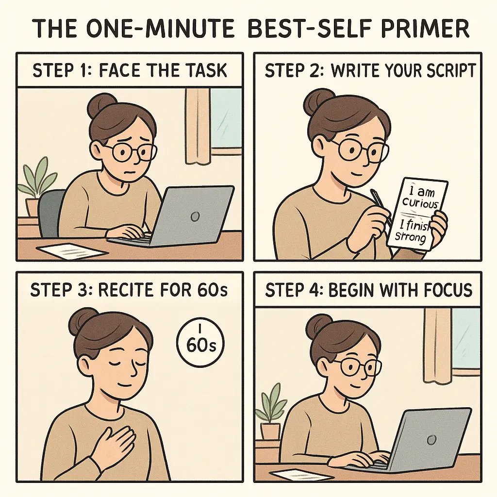 Woman transforming from overwhelmed to focused through a four-step pep talk ritual at her home office desk